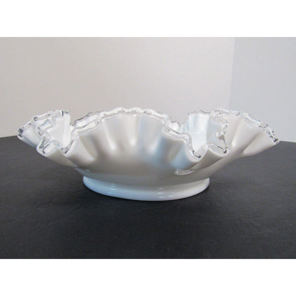 Fenton Silver Crest 11.5" Round Double Crimped White Milk Glass Bowl NICE!